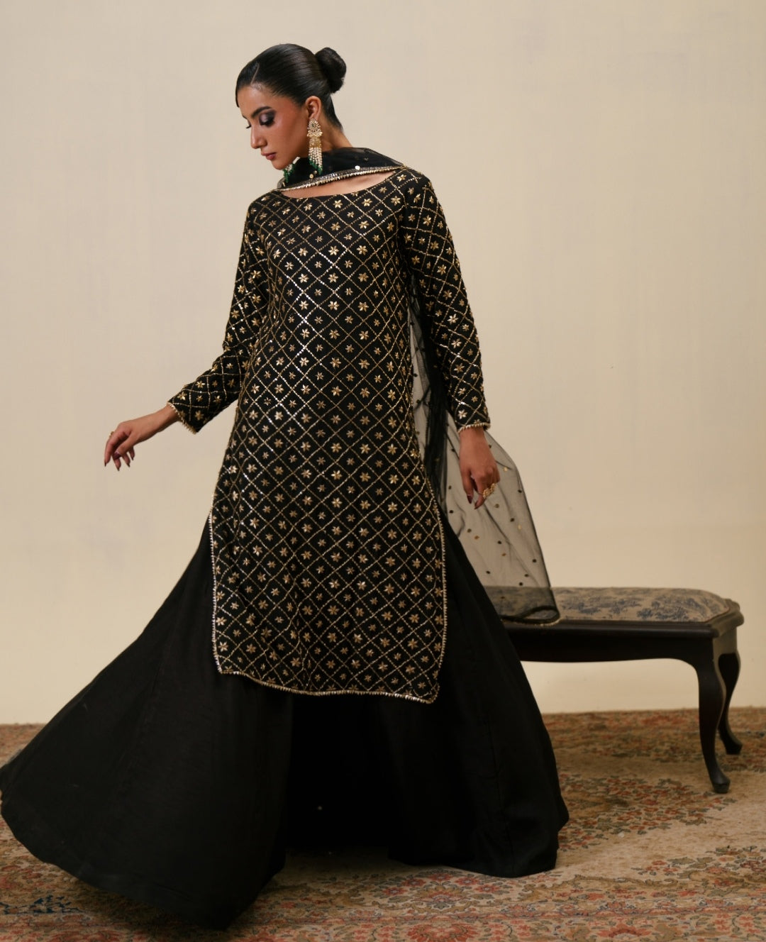 3-Piece Black Raw Silk Embroidered