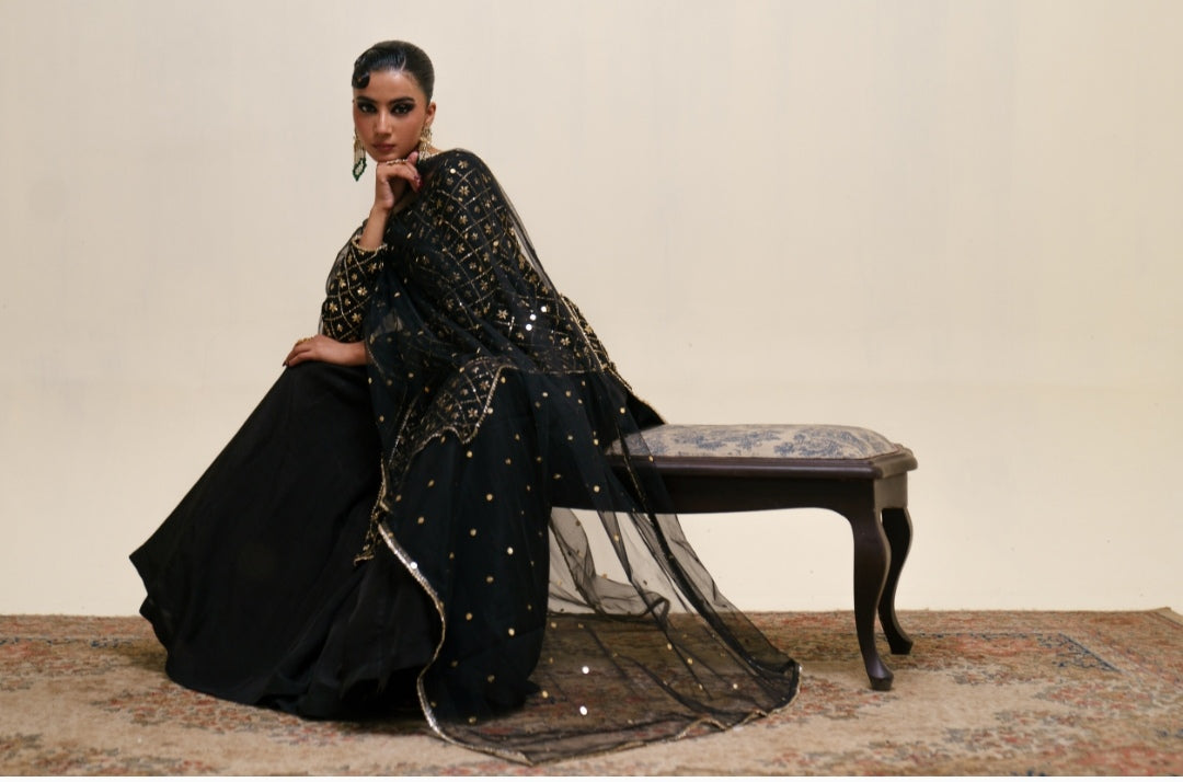 3-Piece Black Raw Silk Embroidered