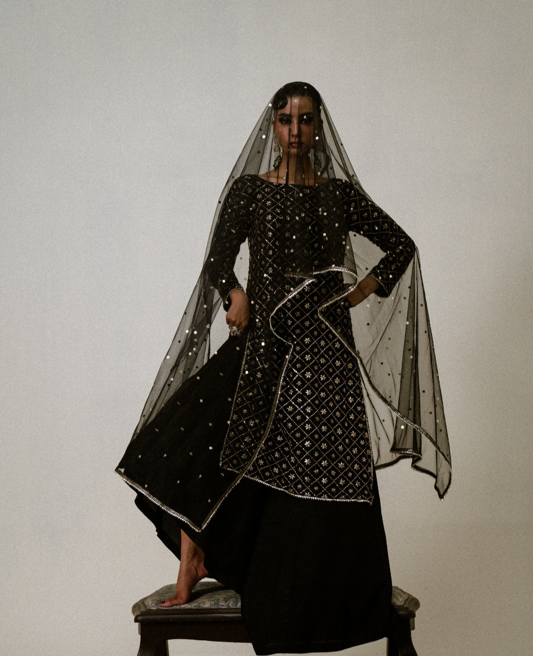 3-Piece Black Raw Silk Embroidered