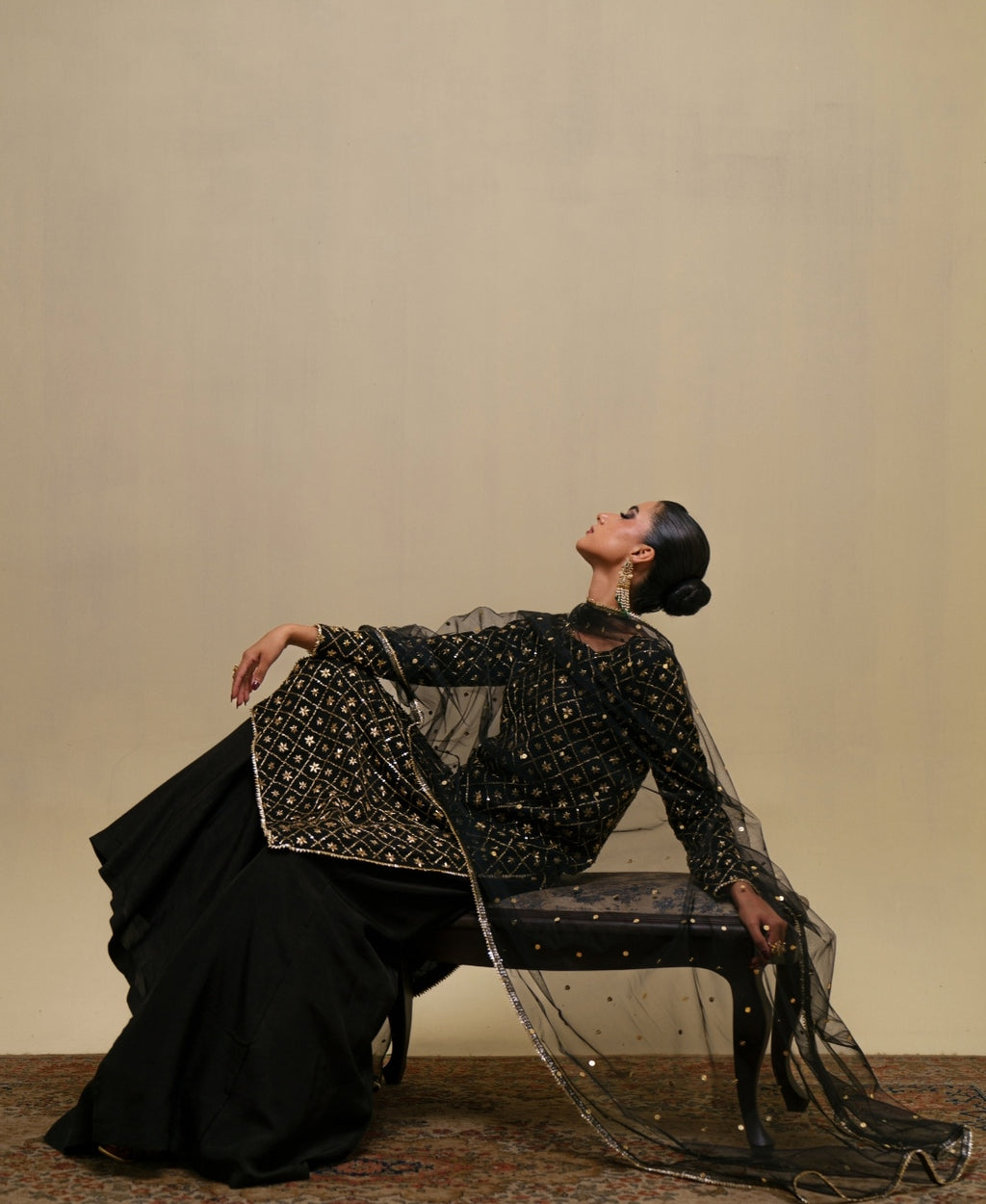 3-Piece Black Raw Silk Embroidered