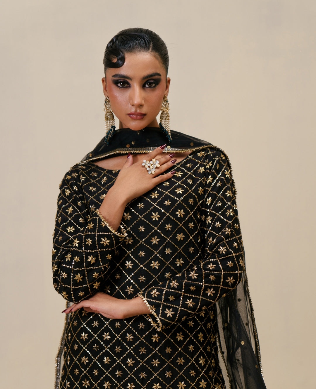 3-Piece Black Raw Silk Embroidered