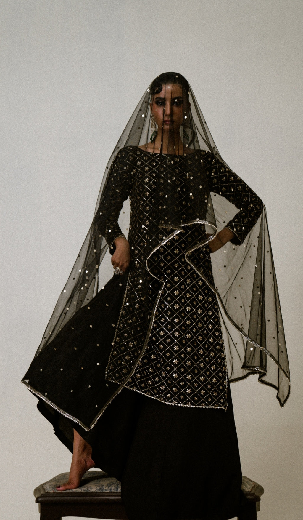 3-Piece Black Raw Silk Embroidered