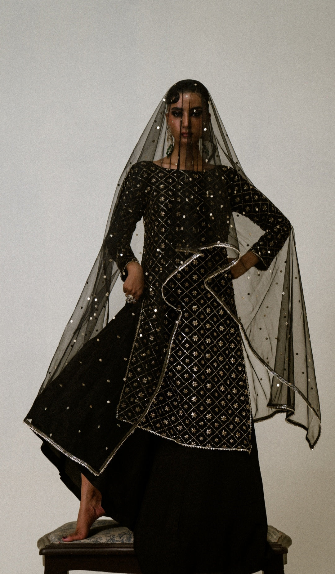 3-Piece Black Raw Silk Embroidered