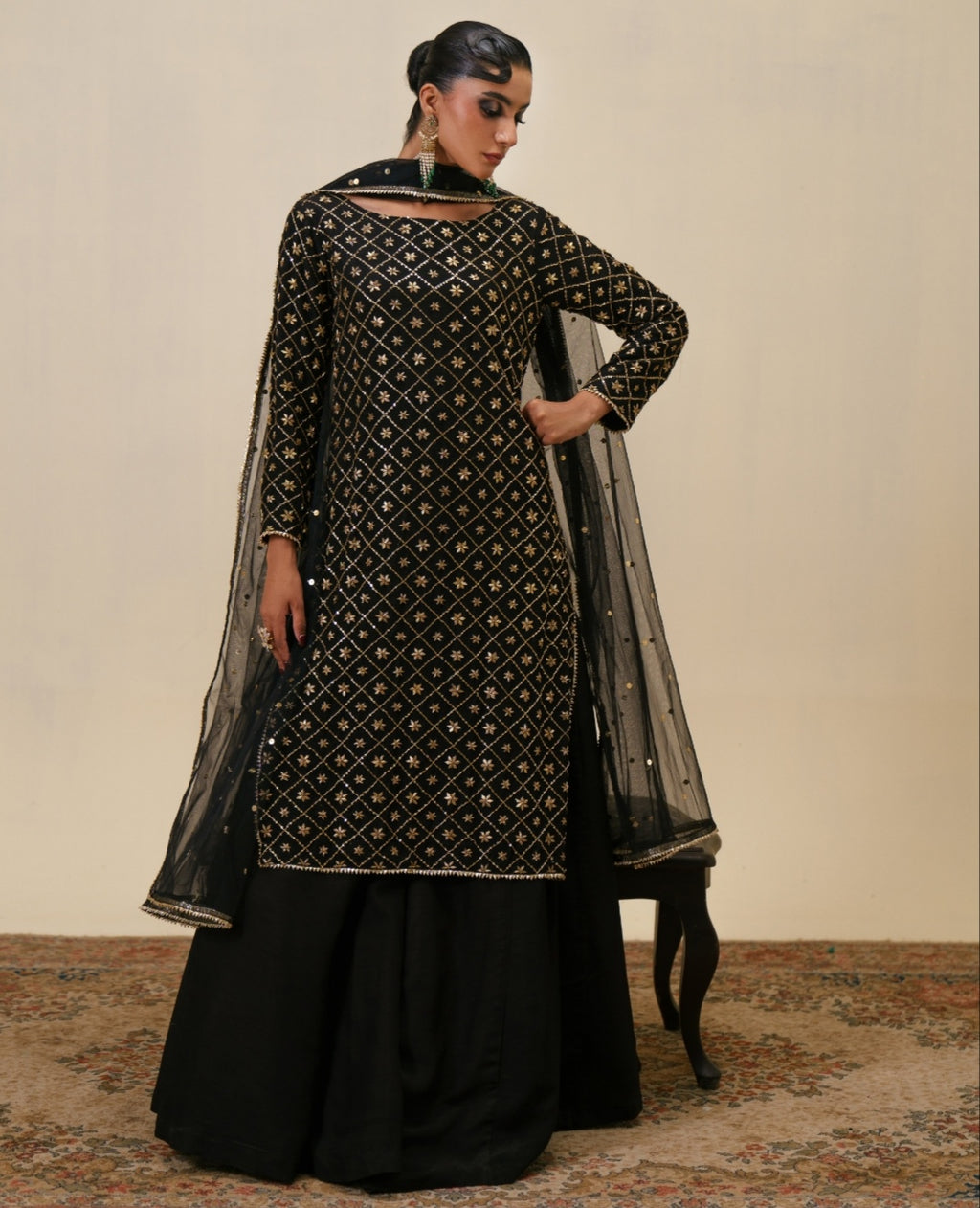 3-Piece Black Raw Silk Embroidered
