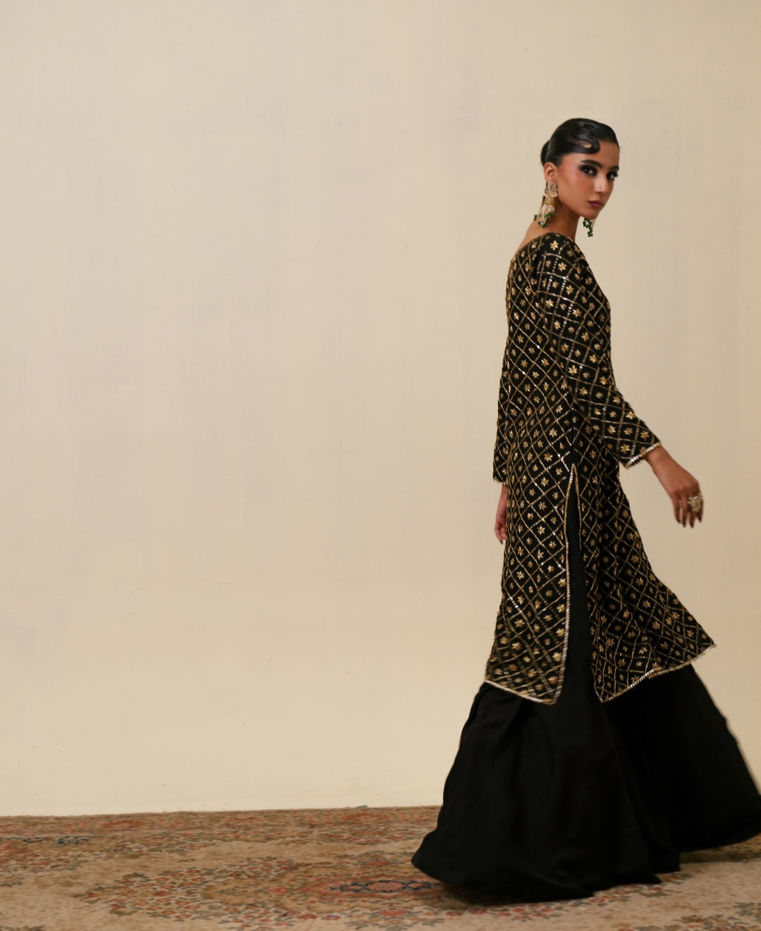 3-Piece Black Raw Silk Embroidered