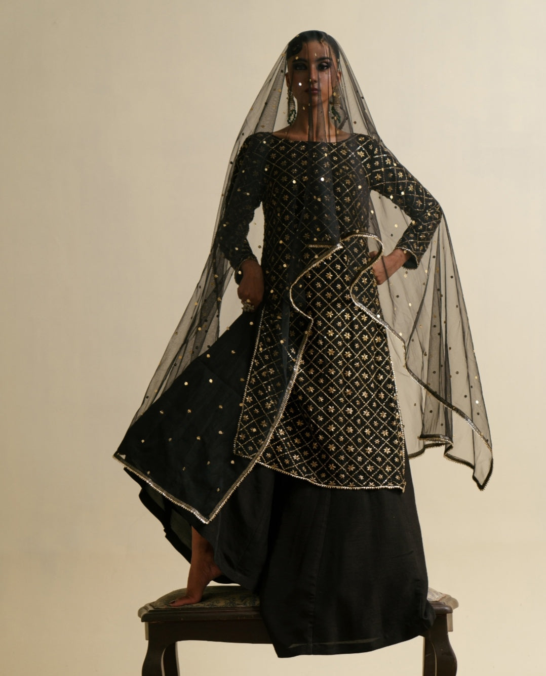 3-Piece Black Raw Silk Embroidered