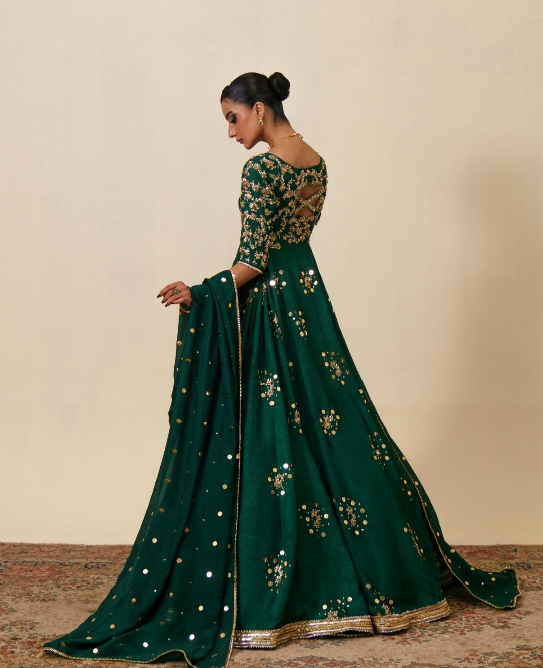 3-Piece Green Raw Silk Embroidered