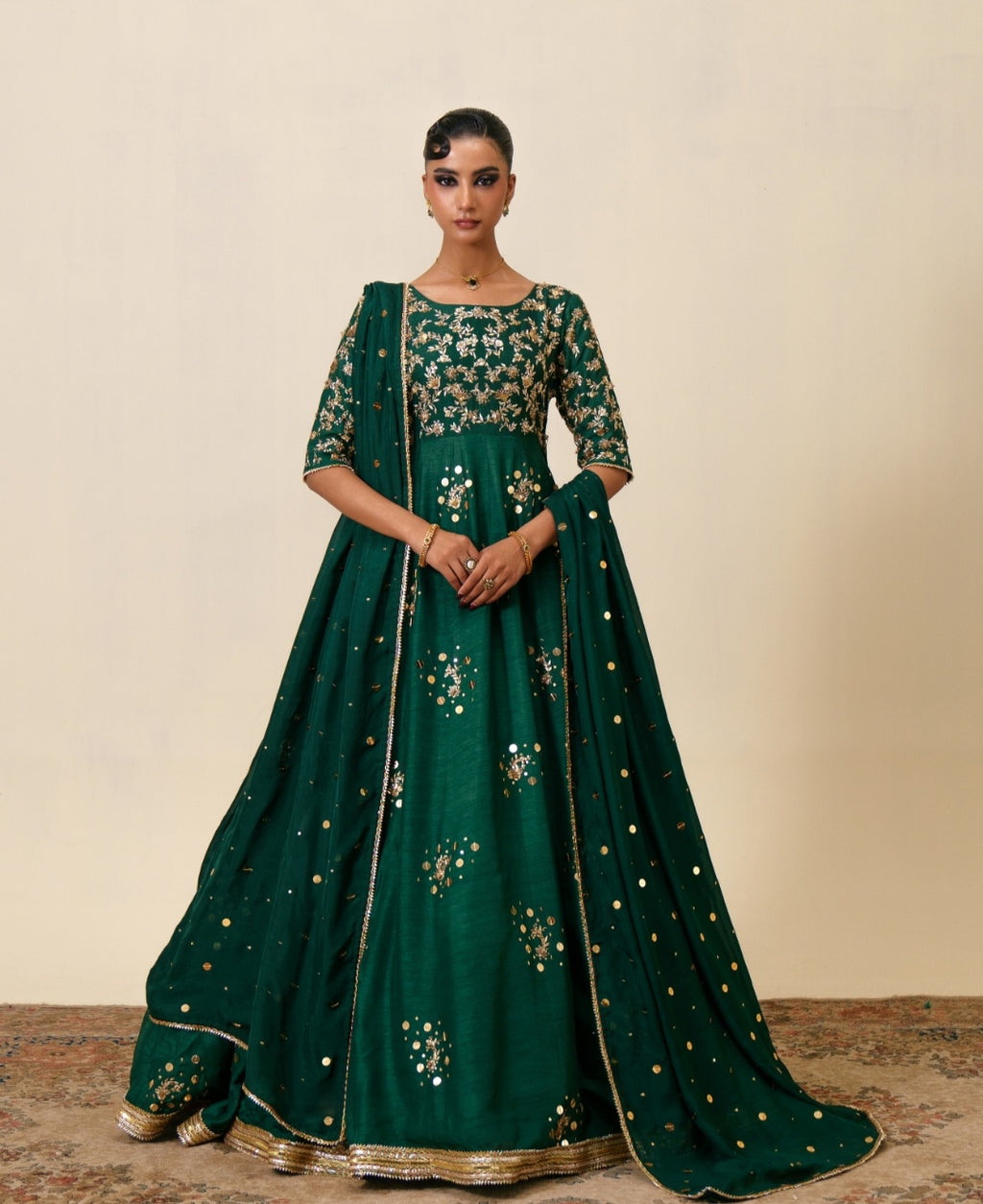 3-Piece Green Raw Silk Embroidered