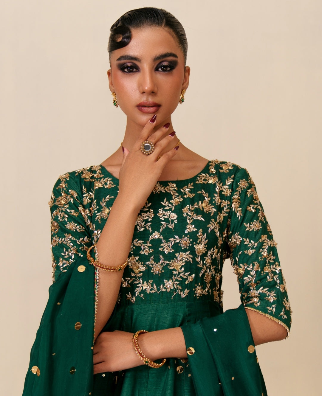 3-Piece Green Raw Silk Embroidered