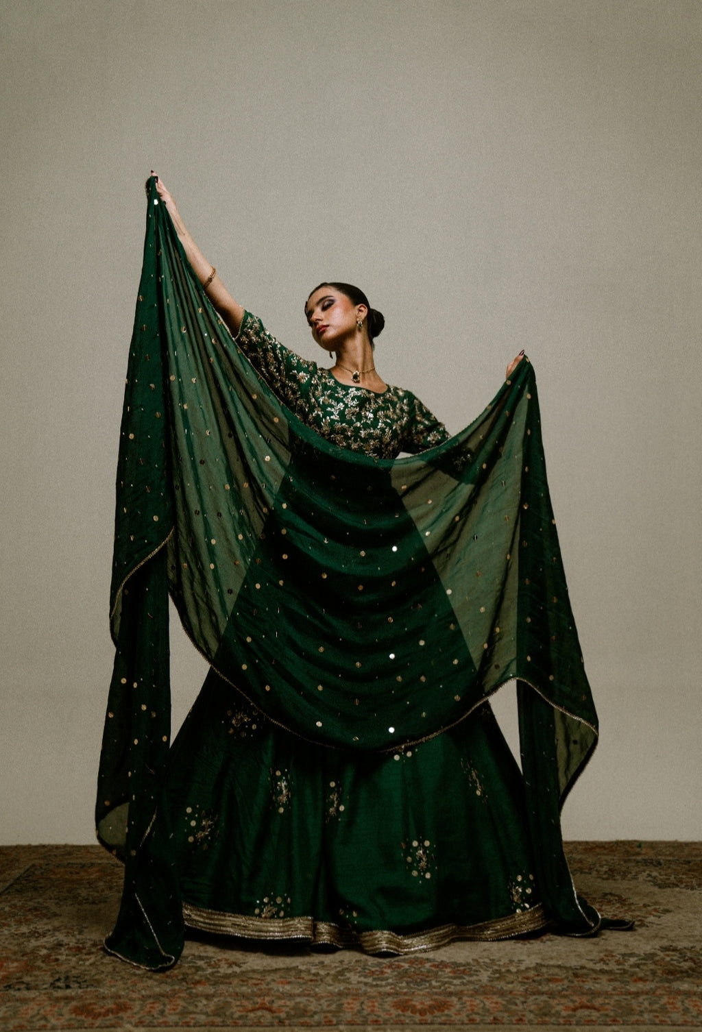 3-Piece Green Raw Silk Embroidered