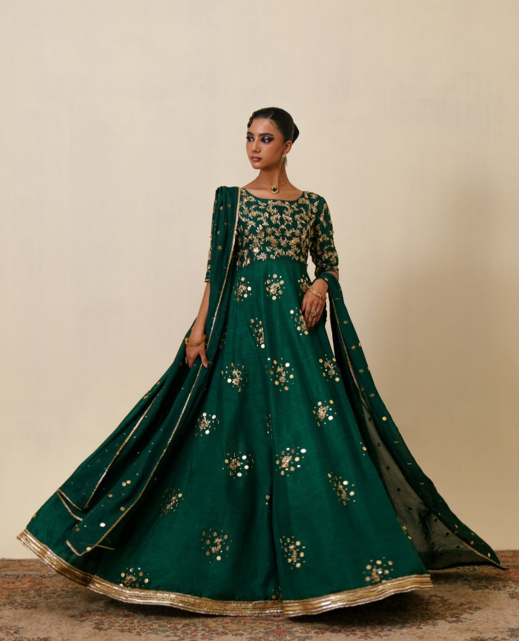 3-Piece Green Raw Silk Embroidered