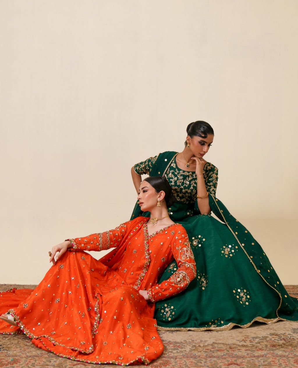 3-Piece Green Raw Silk Embroidered