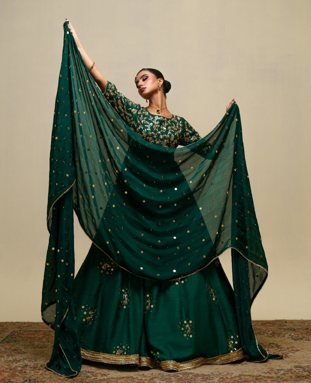 3-Piece Green Raw Silk Embroidered