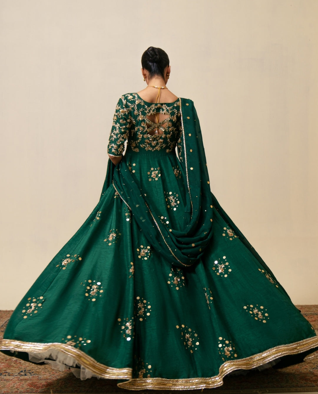 3-Piece Green Raw Silk Embroidered