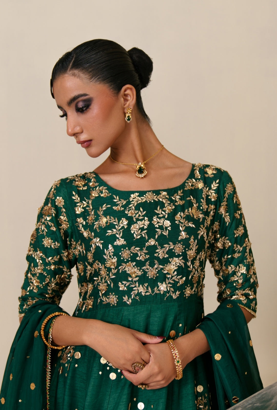 3-Piece Green Raw Silk Embroidered