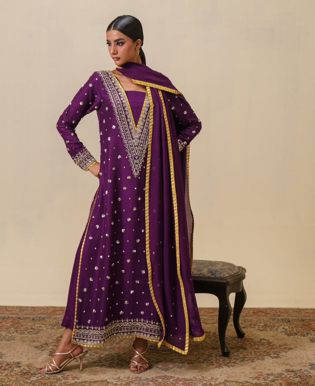 3-Piece Purple Raw Silk Embroidered