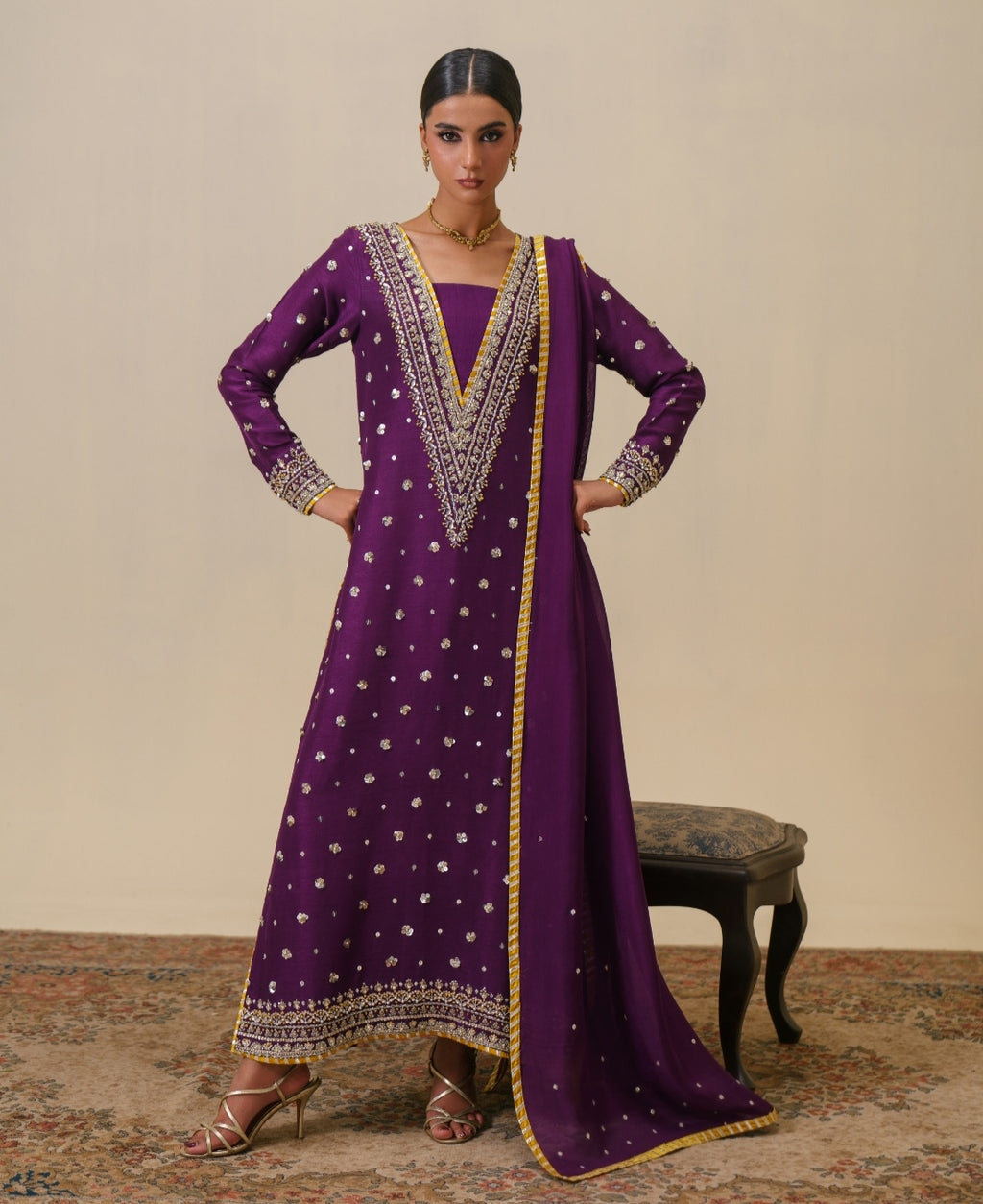 3-Piece Purple Raw Silk Embroidered