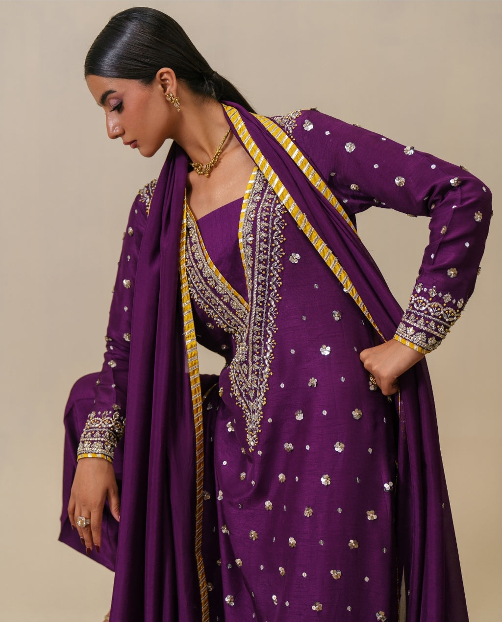 3-Piece Purple Raw Silk Embroidered