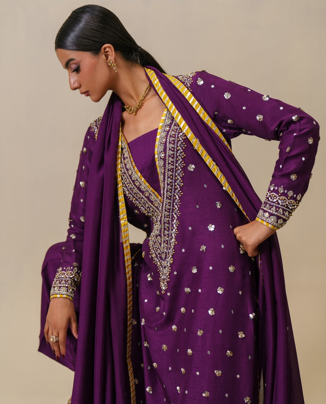 3-Piece Purple Raw Silk Embroidered