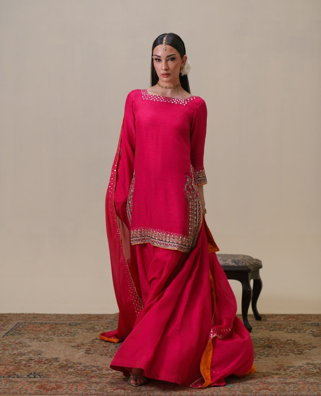 3-Piece Hot Pink Raw Silk Embroidered