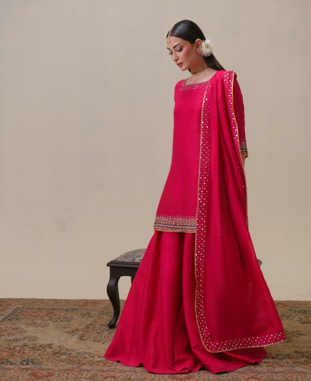 3-Piece Hot Pink Raw Silk Embroidered