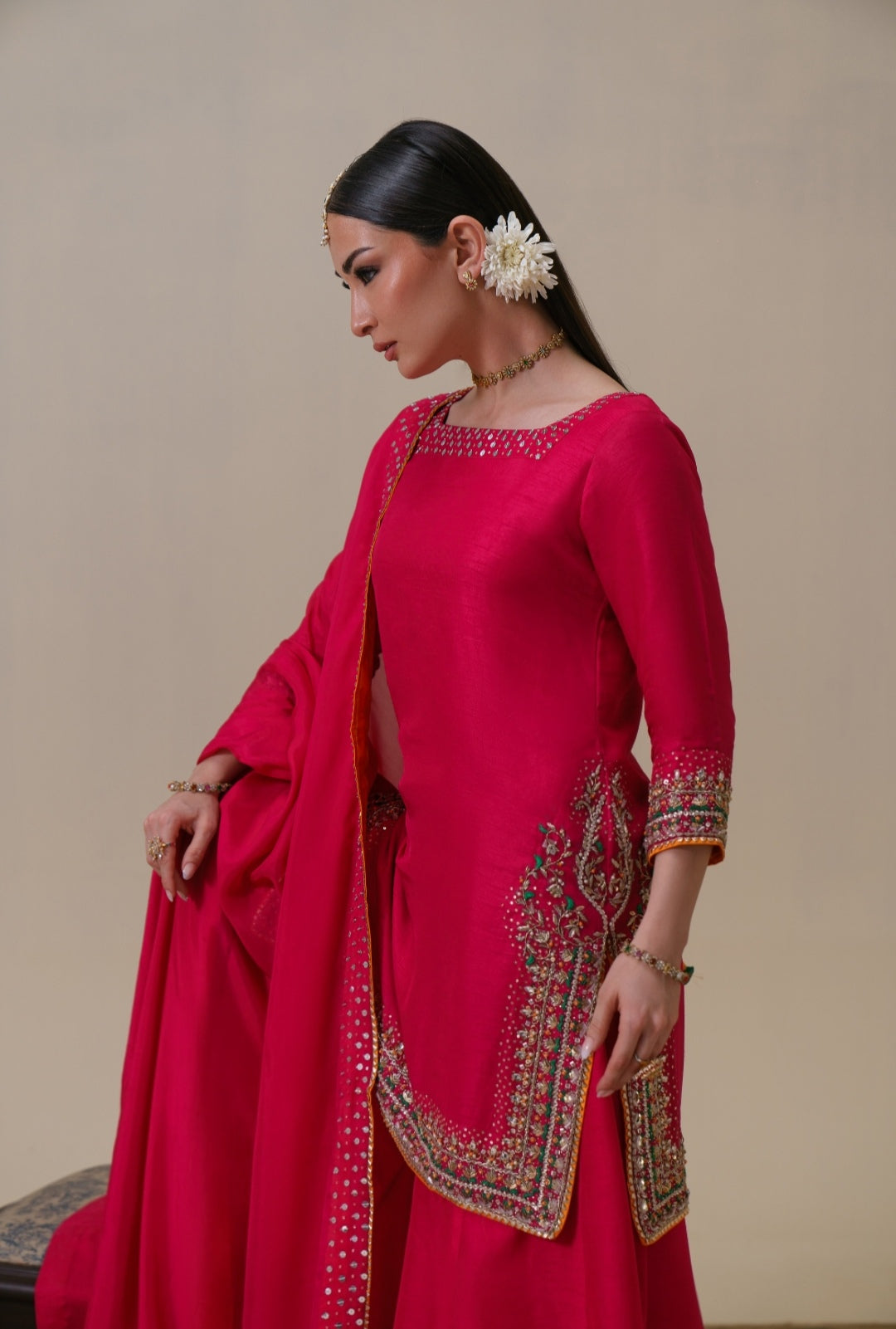 3-Piece Hot Pink Raw Silk Embroidered