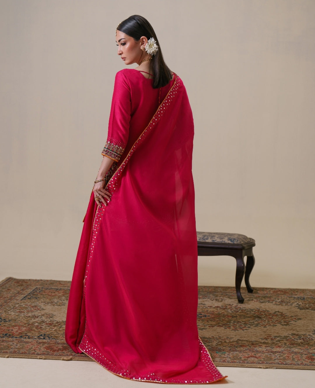 3-Piece Hot Pink Raw Silk Embroidered