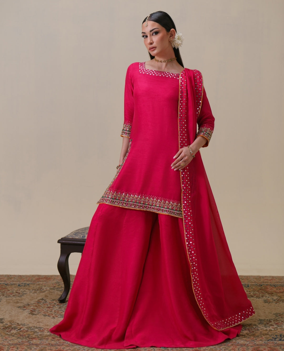 3-Piece Hot Pink Raw Silk Embroidered