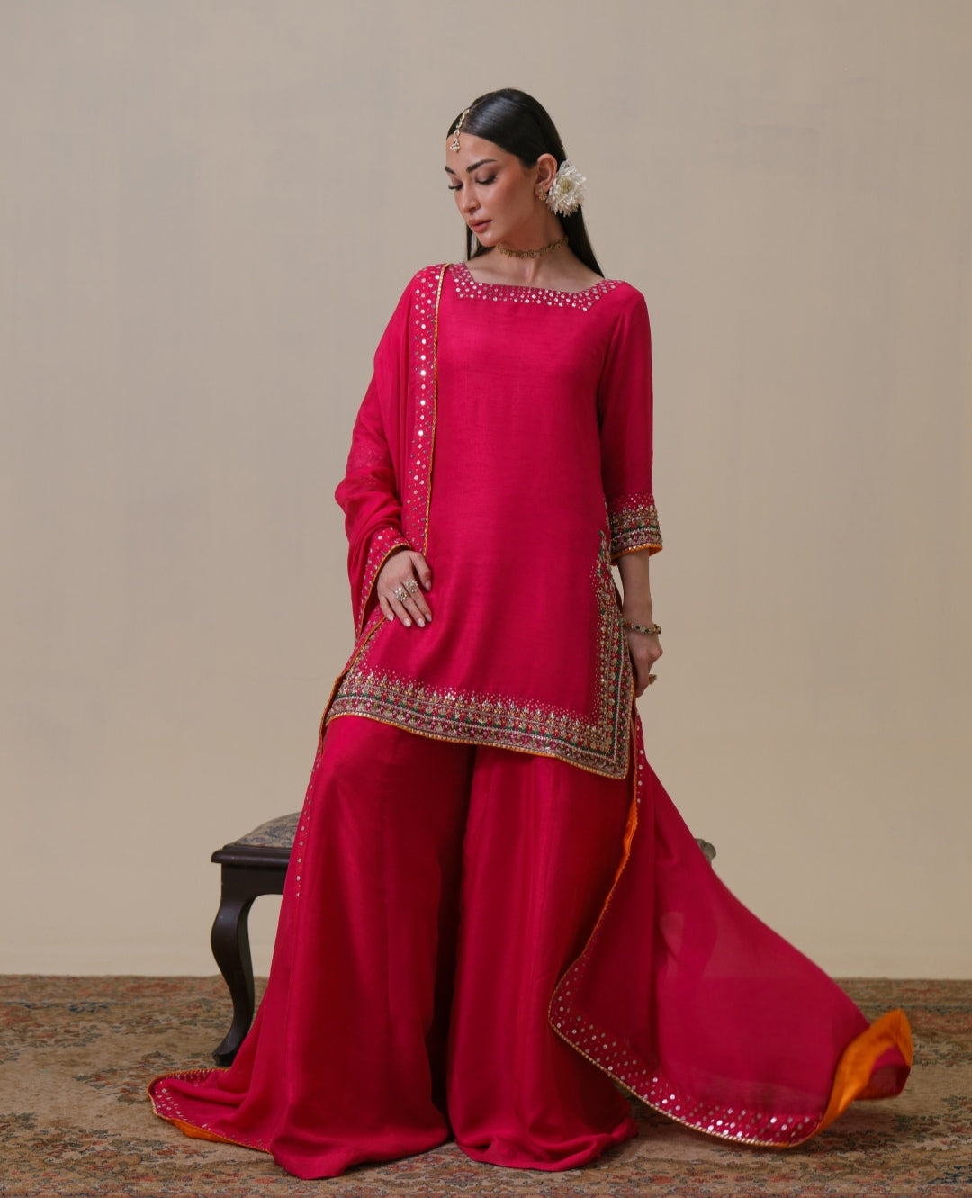 3-Piece Hot Pink Raw Silk Embroidered