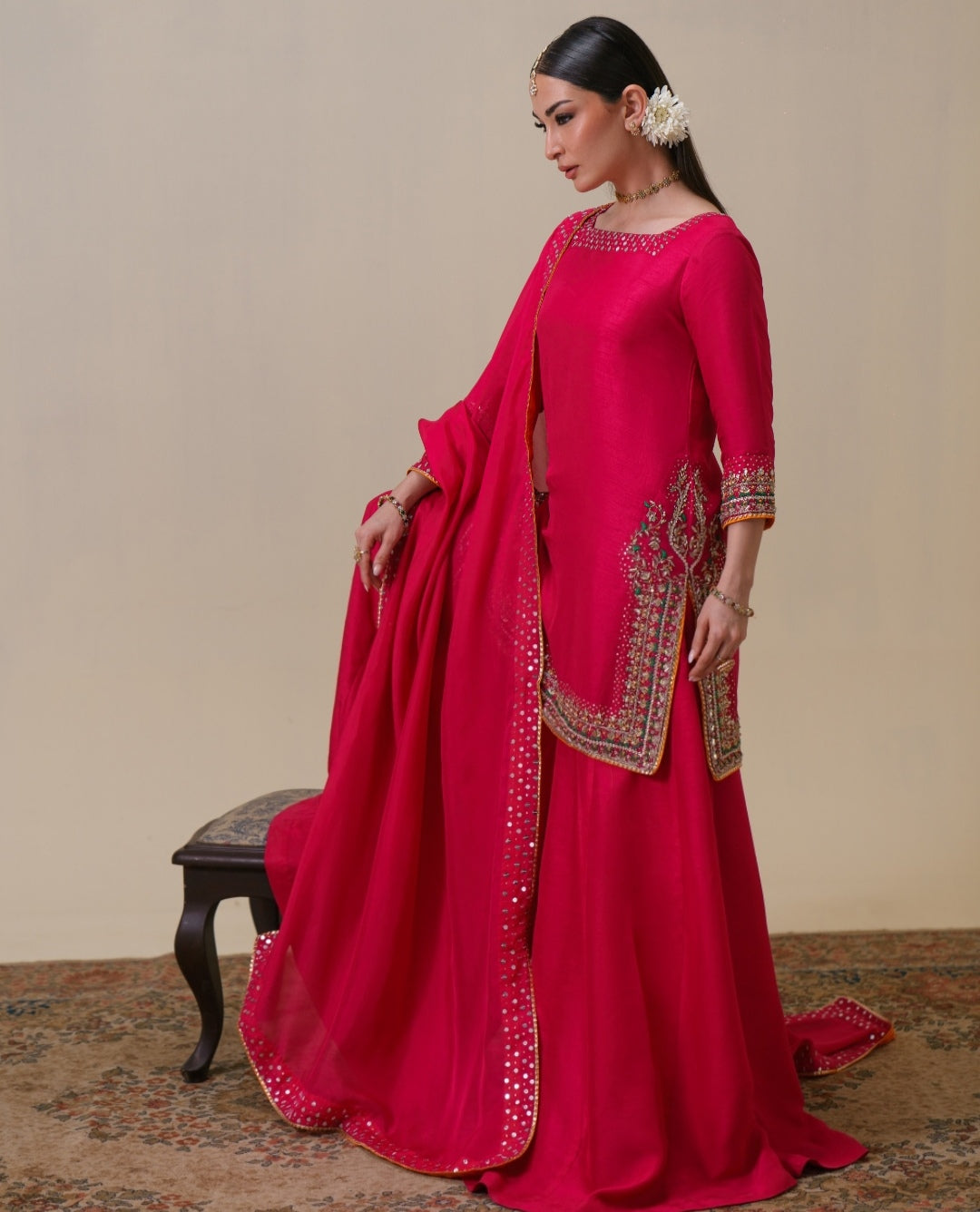 3-Piece Hot Pink Raw Silk Embroidered