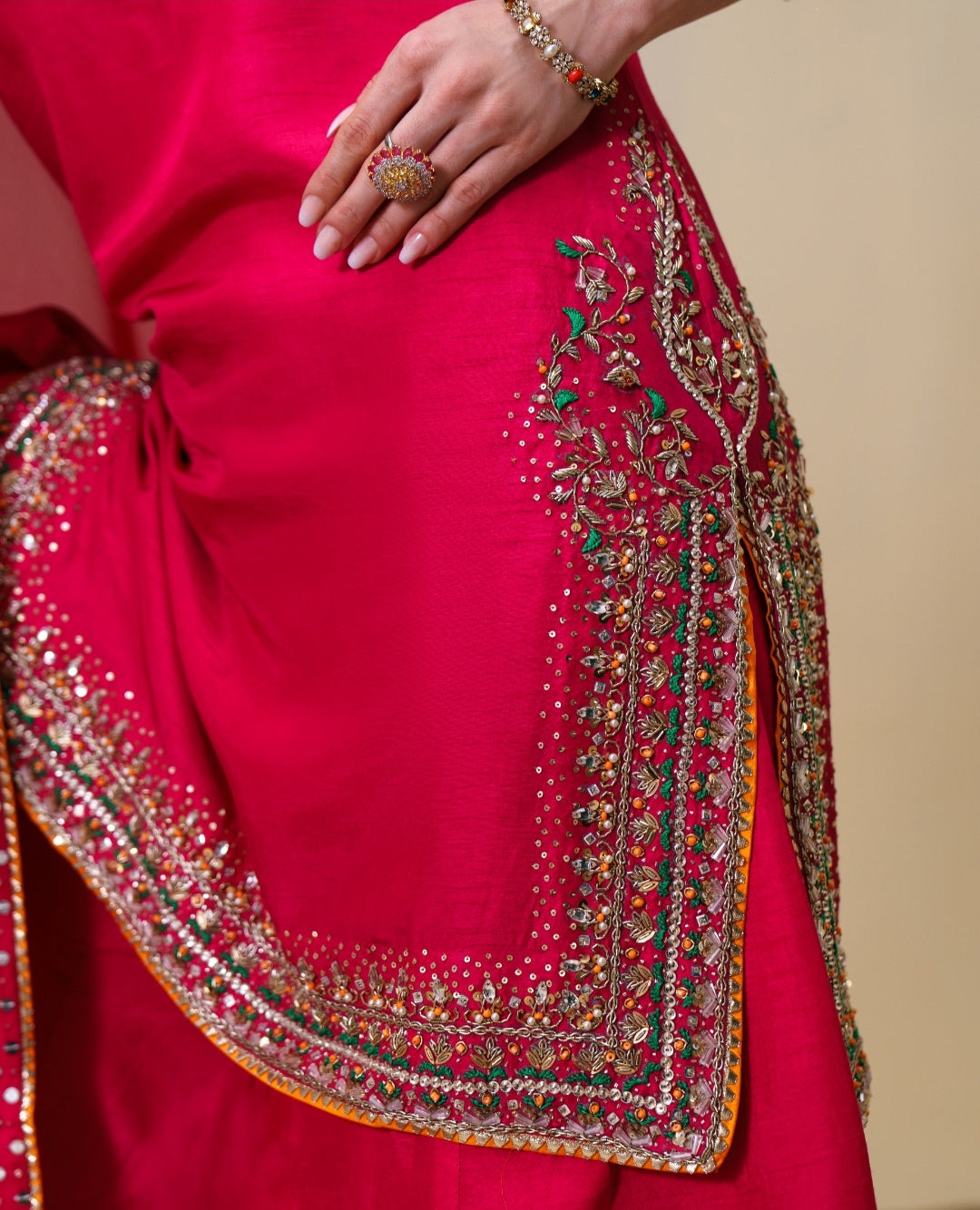 3-Piece Hot Pink Raw Silk Embroidered