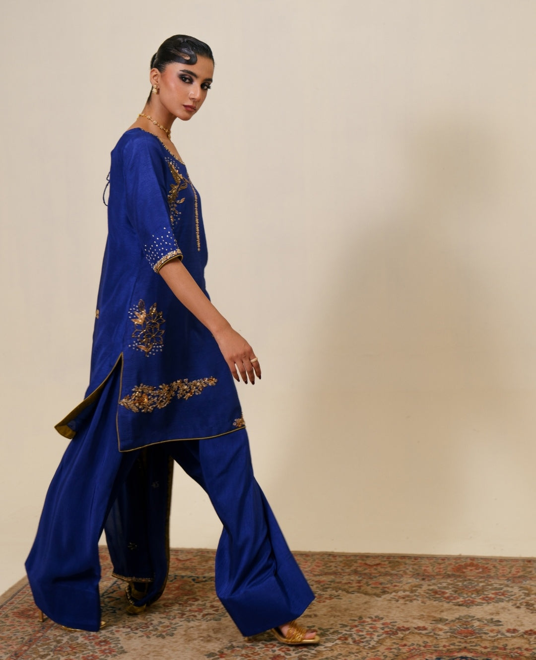 3-Piece Blue Raw Silk Embroidered