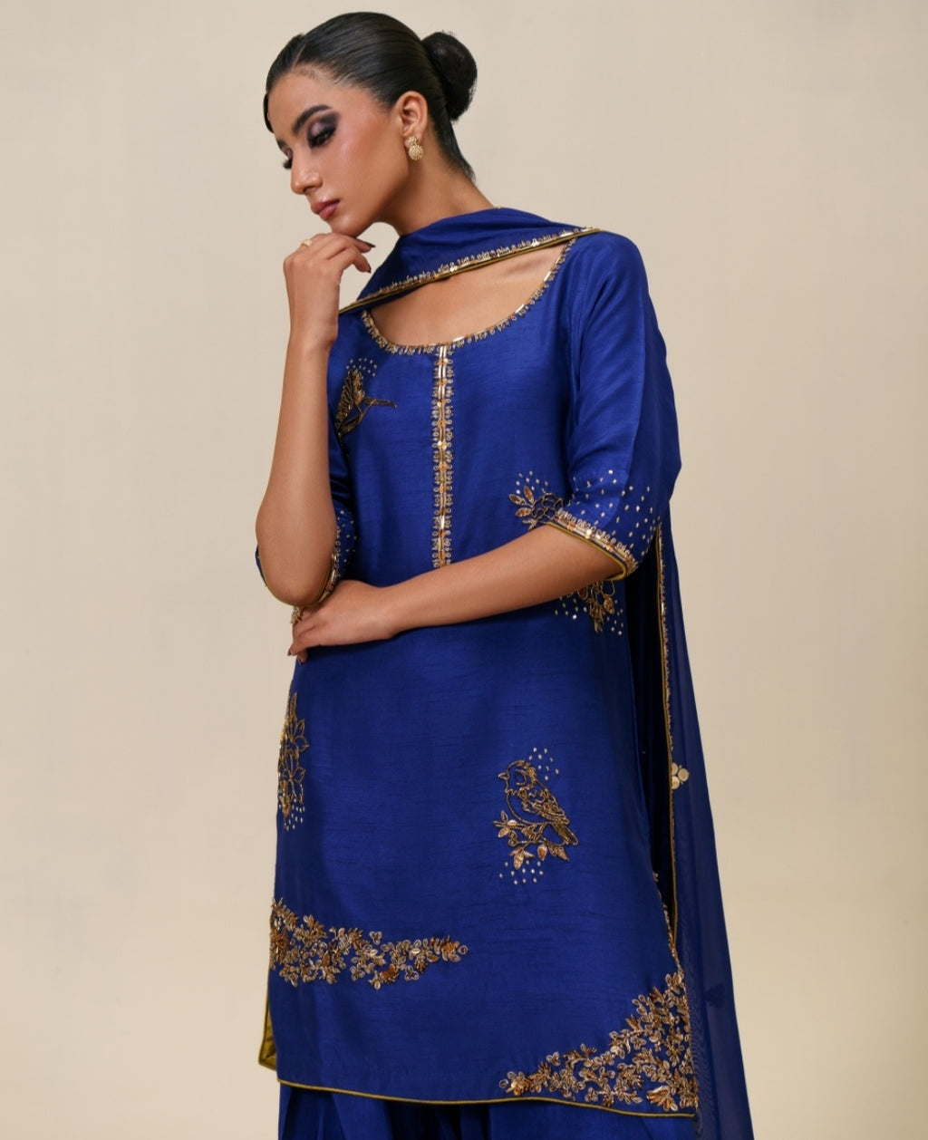 3-Piece Blue Raw Silk Embroidered