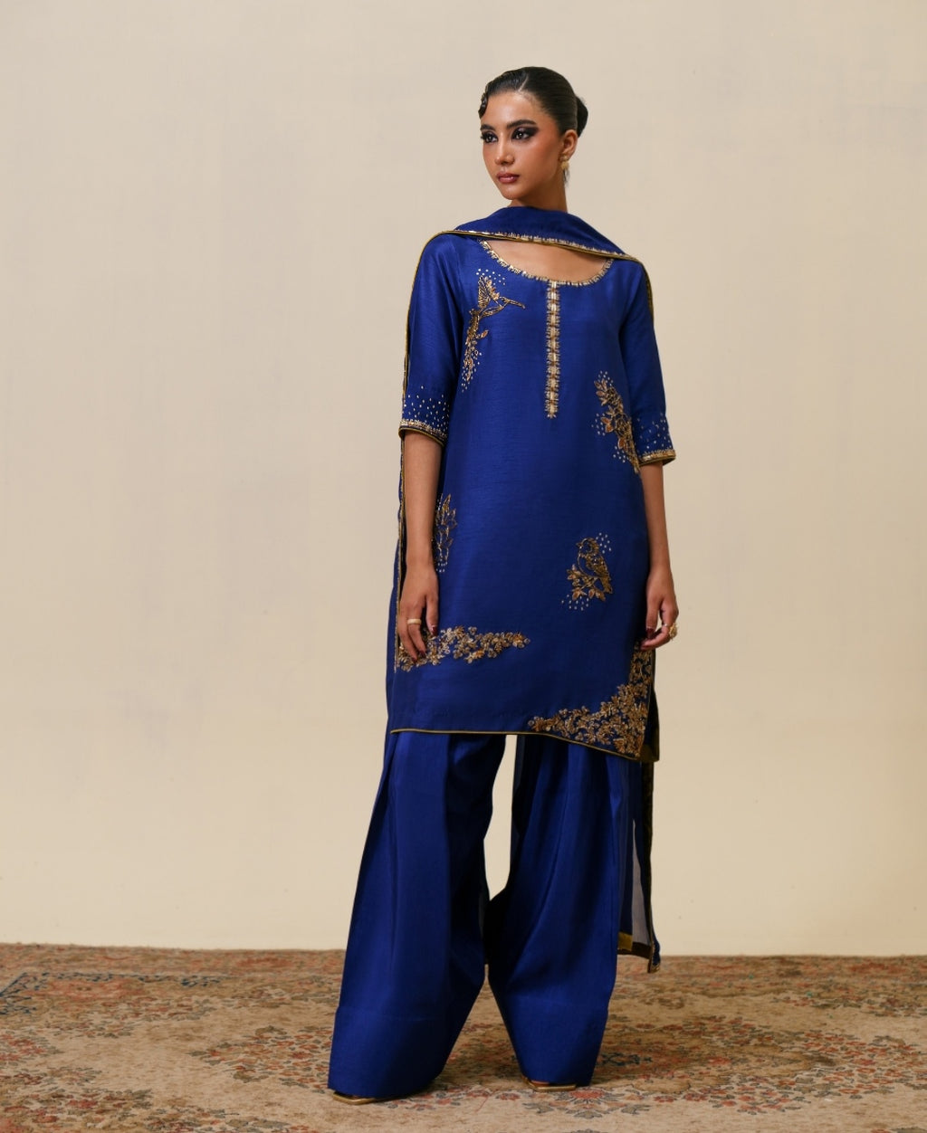3-Piece Blue Raw Silk Embroidered