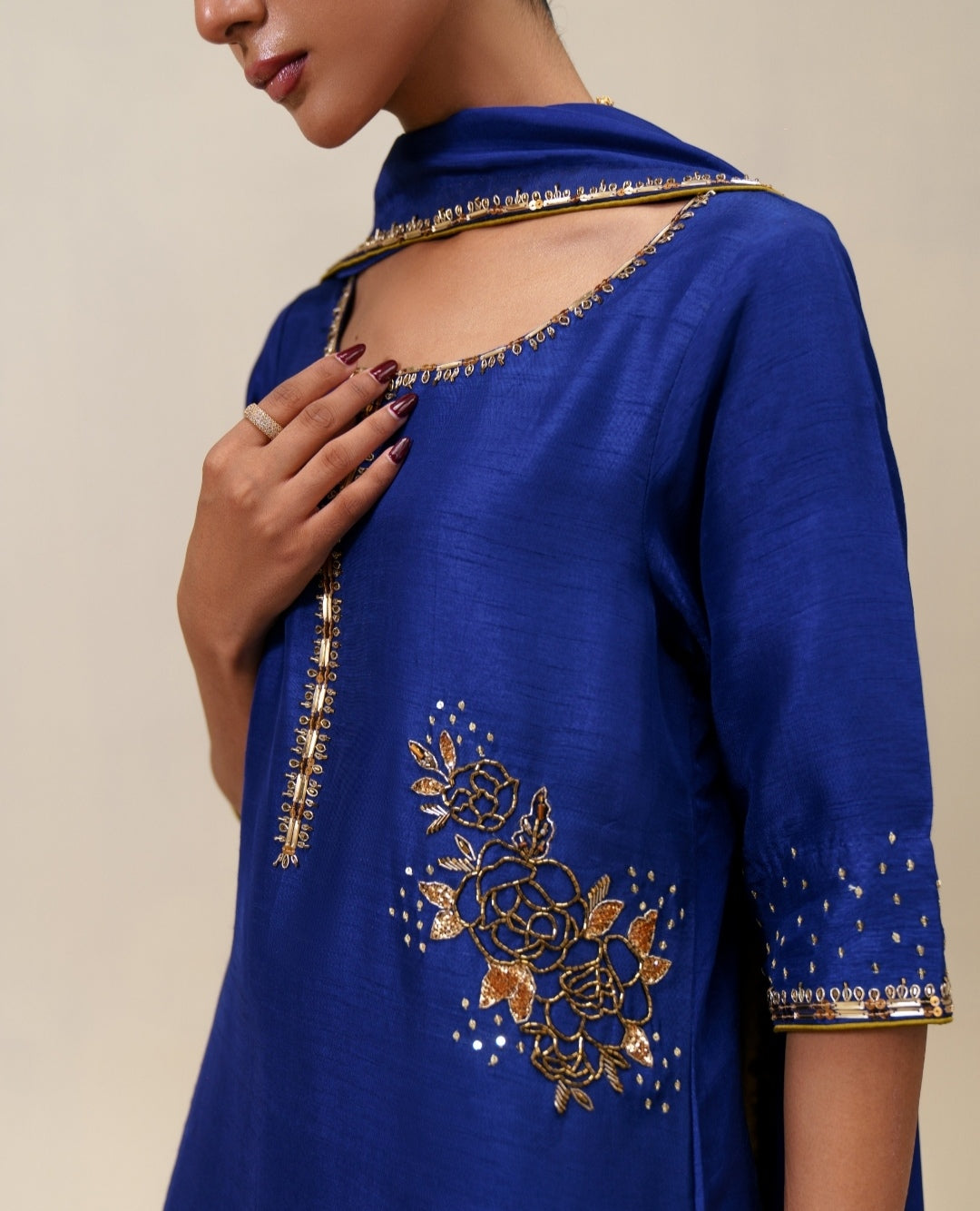 3-Piece Blue Raw Silk Embroidered