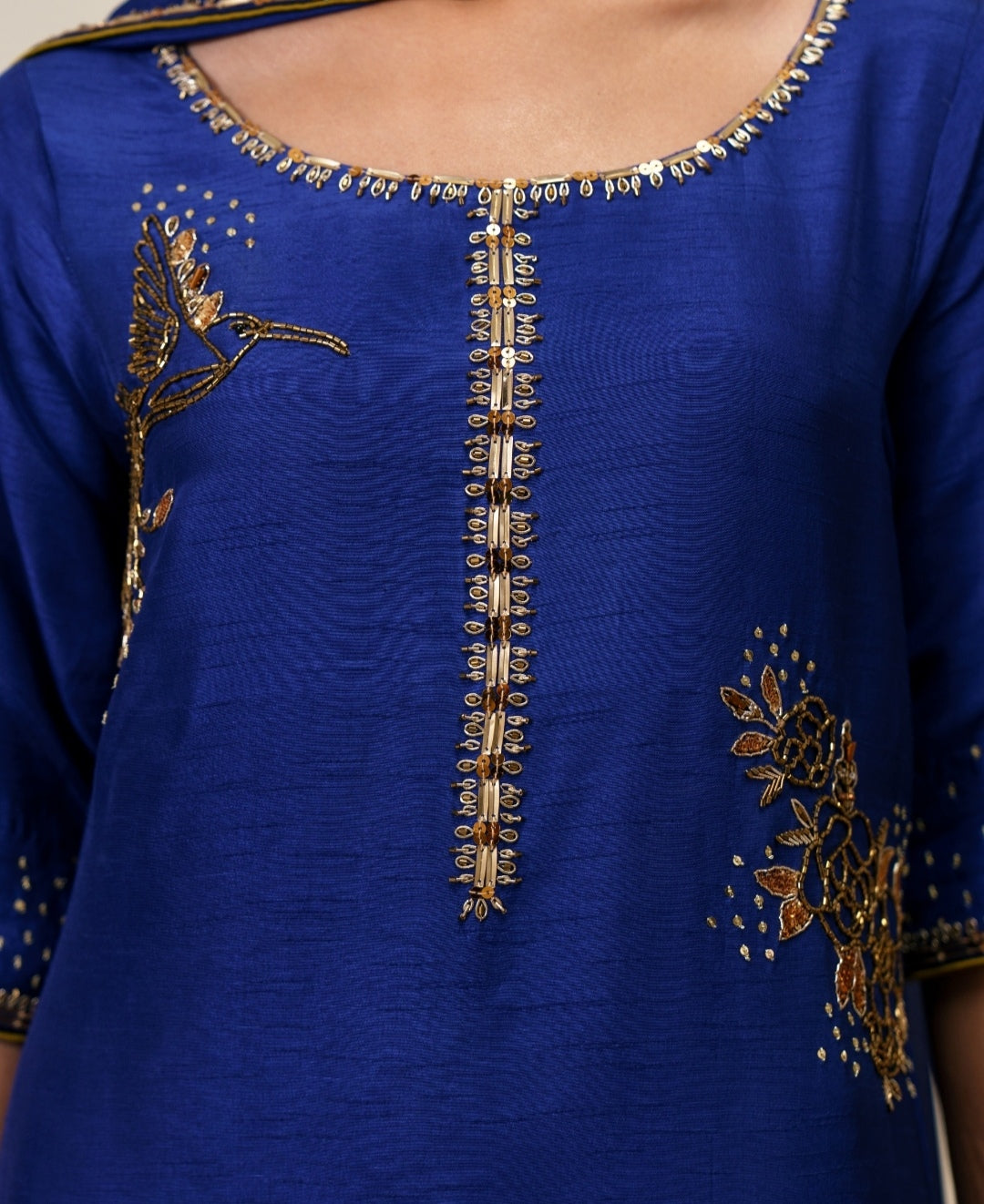 3-Piece Blue Raw Silk Embroidered