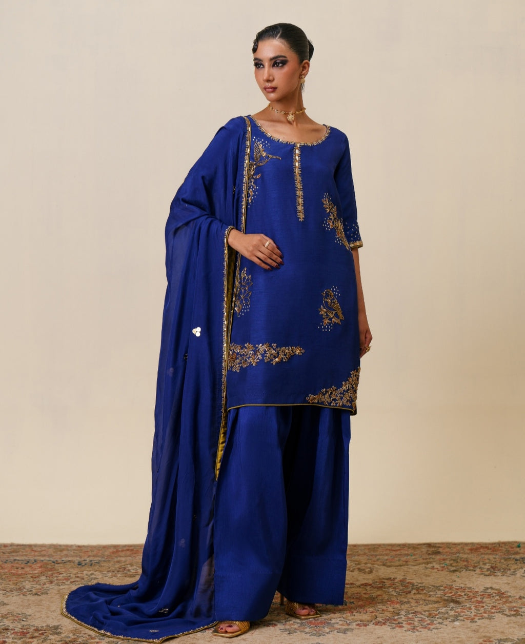 3-Piece Blue Raw Silk Embroidered
