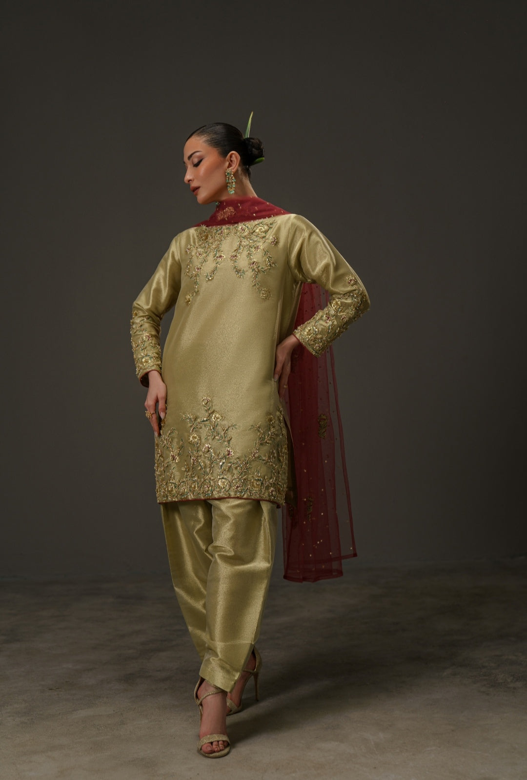 3-Piece Olive Gold Lama Tissue Embroidered