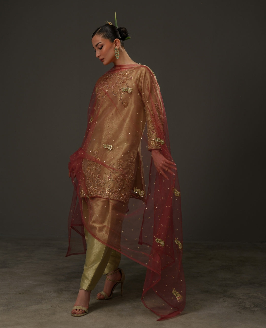 3-Piece Olive Gold Lama Tissue Embroidered