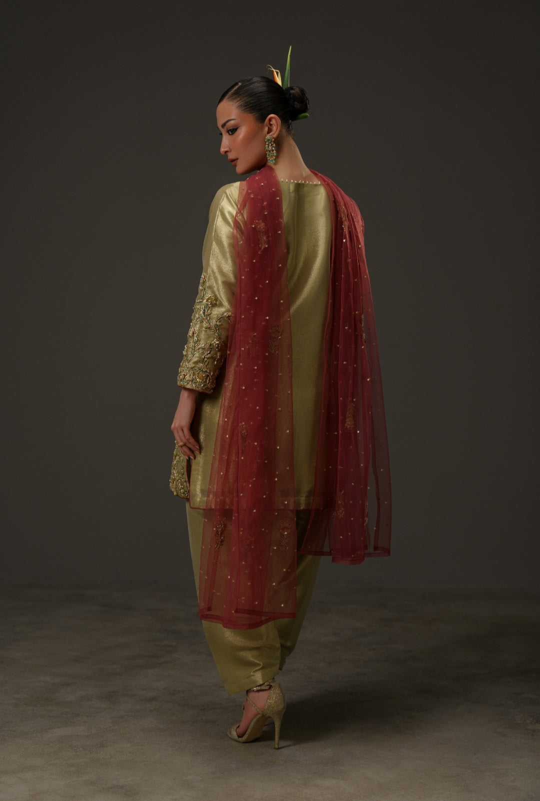 3-Piece Olive Gold Lama Tissue Embroidered