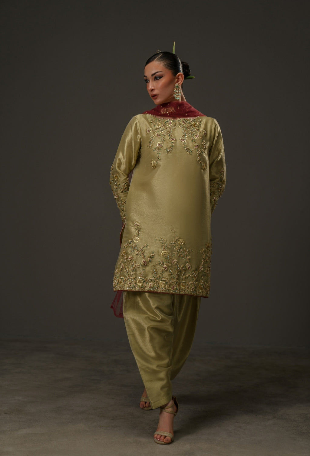 3-Piece Olive Gold Lama Tissue Embroidered