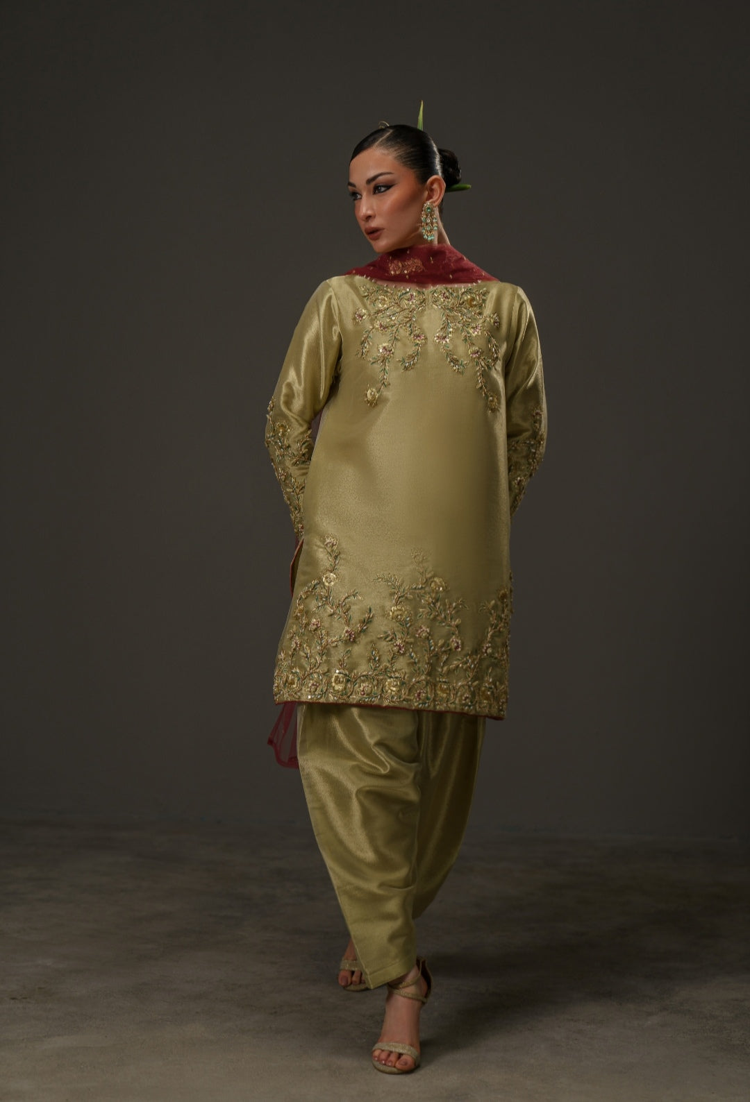 3-Piece Olive Gold Lama Tissue Embroidered