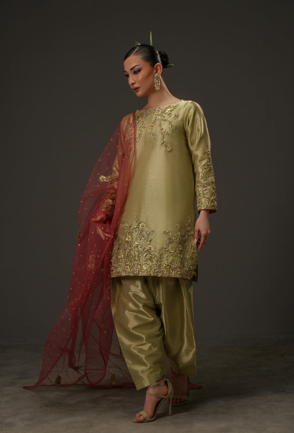 3-Piece Olive Gold Lama Tissue Embroidered