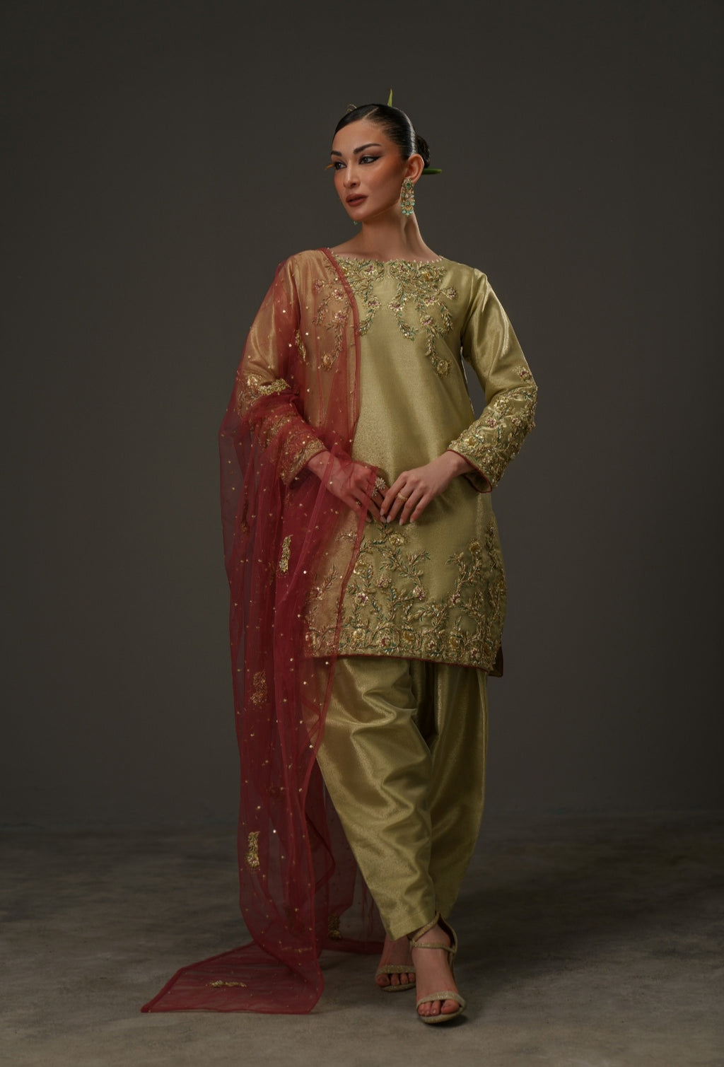 3-Piece Olive Gold Lama Tissue Embroidered