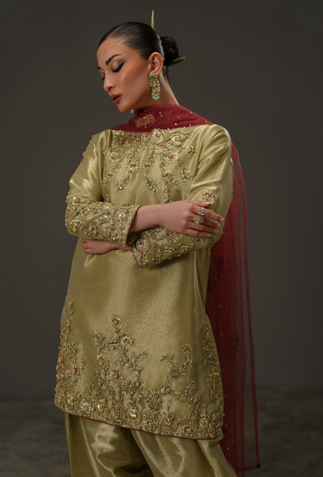 3-Piece Olive Gold Lama Tissue Embroidered