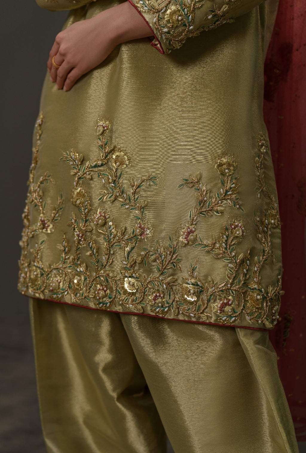3-Piece Olive Gold Lama Tissue Embroidered