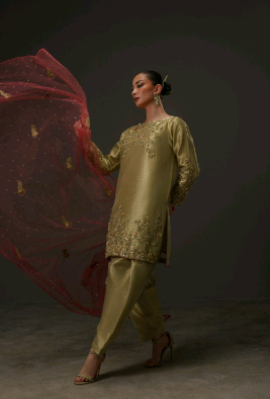 3-Piece Olive Gold Lama Tissue Embroidered