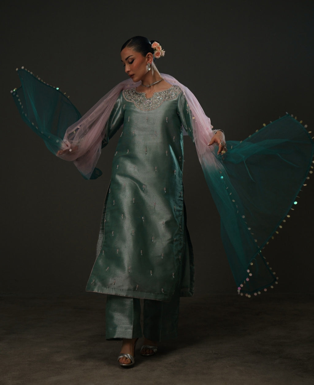 3-Piece Sea Blue Lama Tissue Embroidered