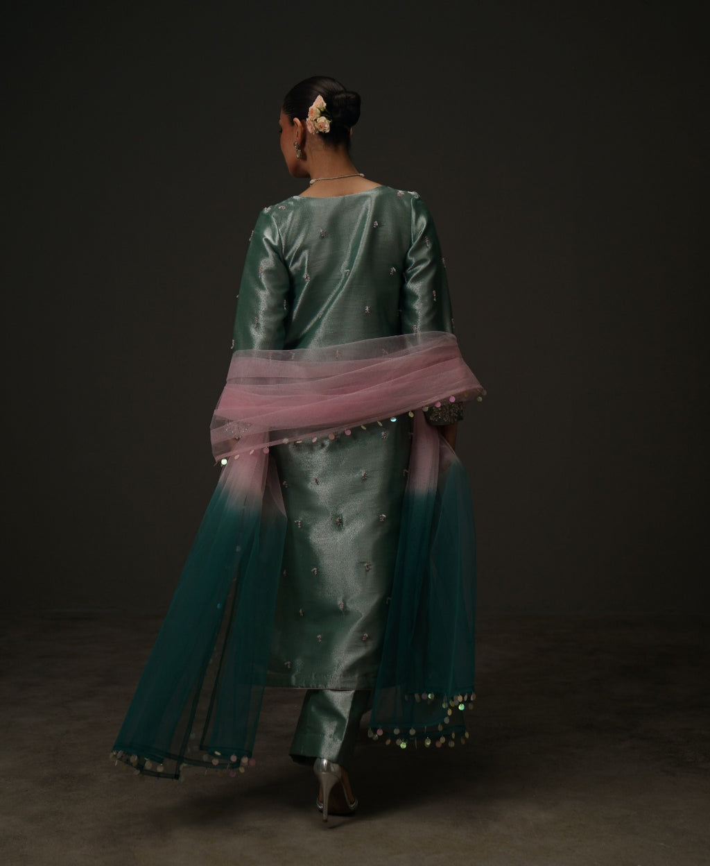 3-Piece Sea Blue Lama Tissue Embroidered