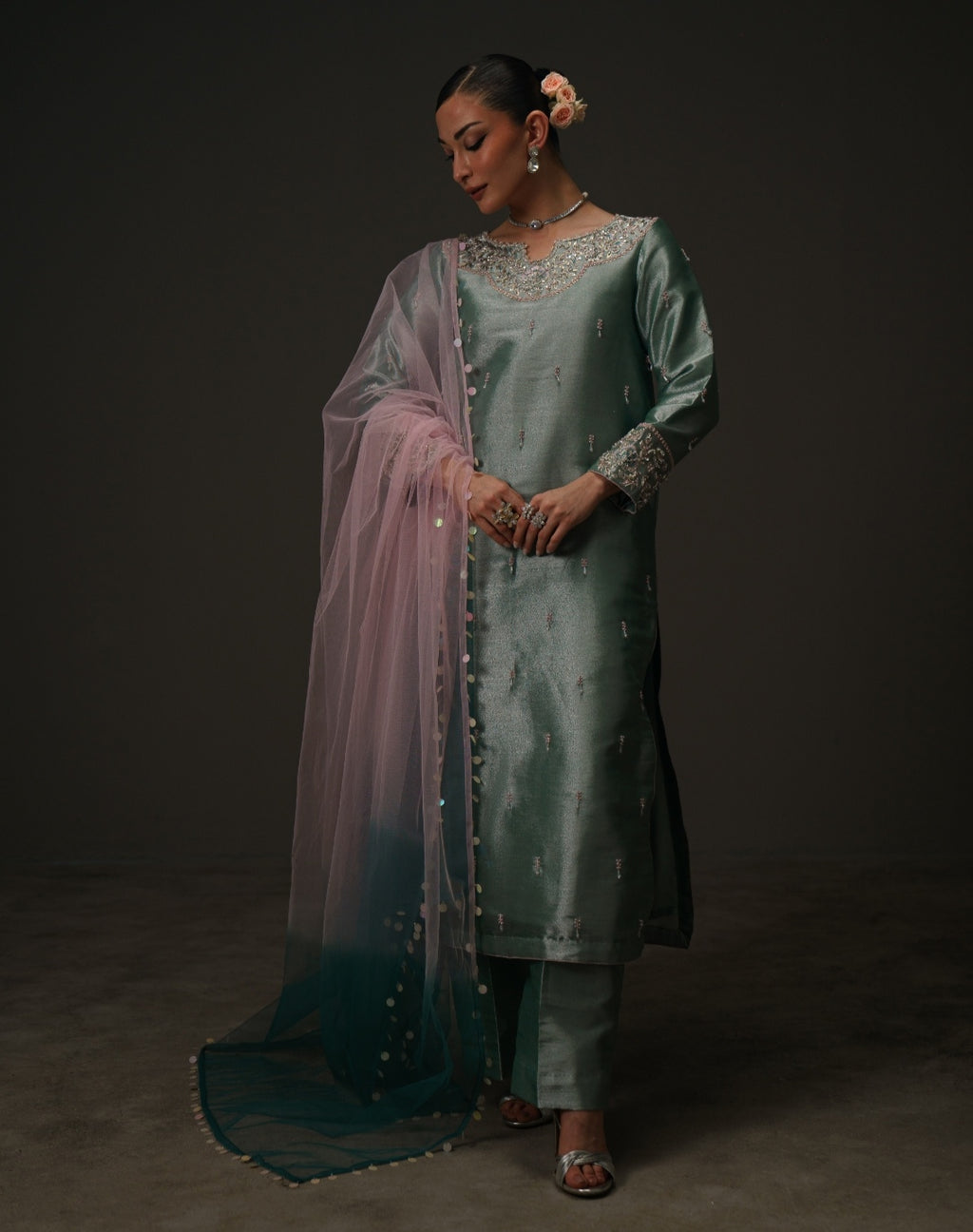 3-Piece Sea Blue Lama Tissue Embroidered